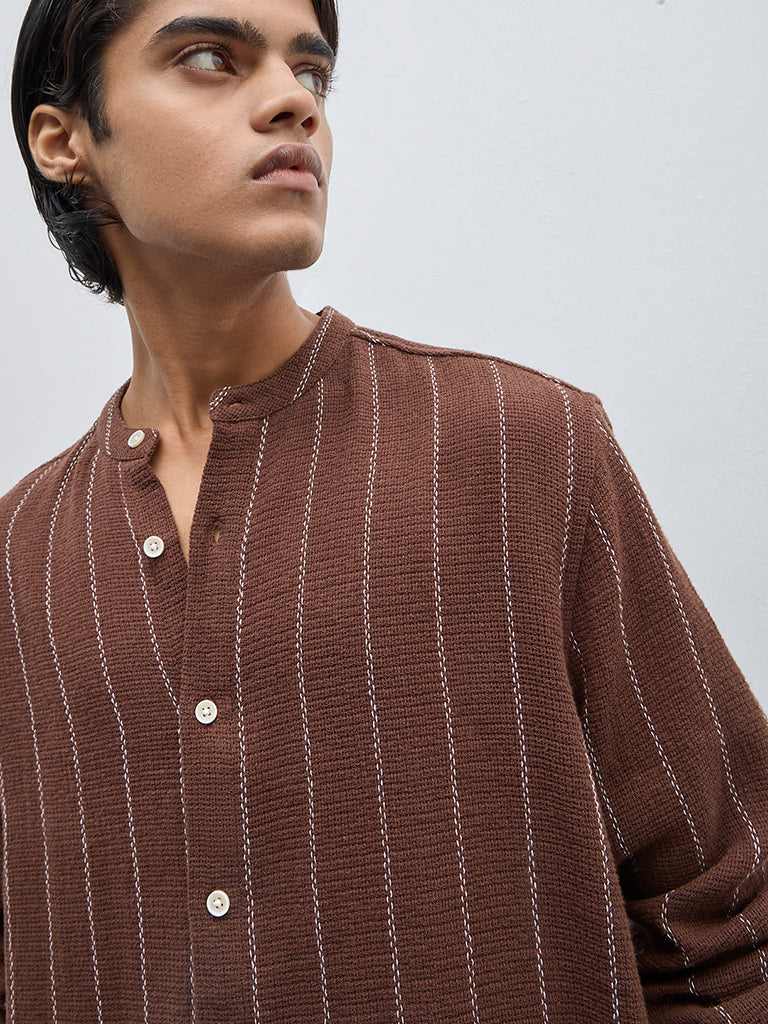 ETA Brown Striped Resort-Fit Cotton-Blend Shirt