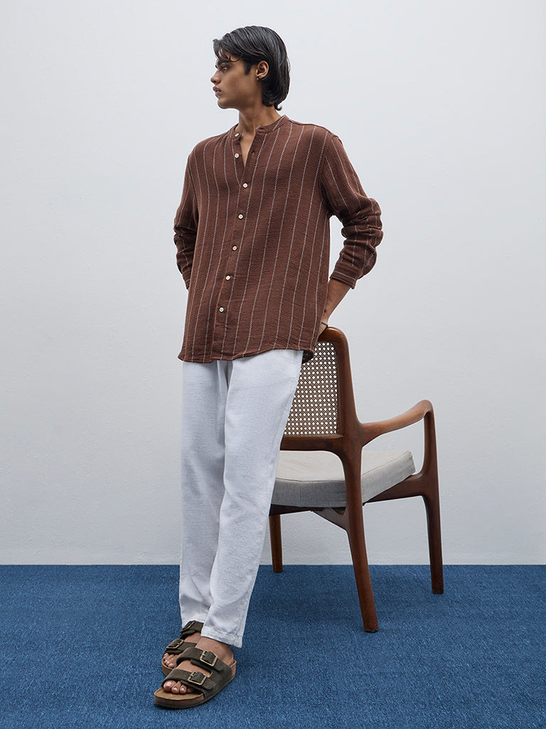 ETA Brown Striped Resort-Fit Cotton-Blend Shirt