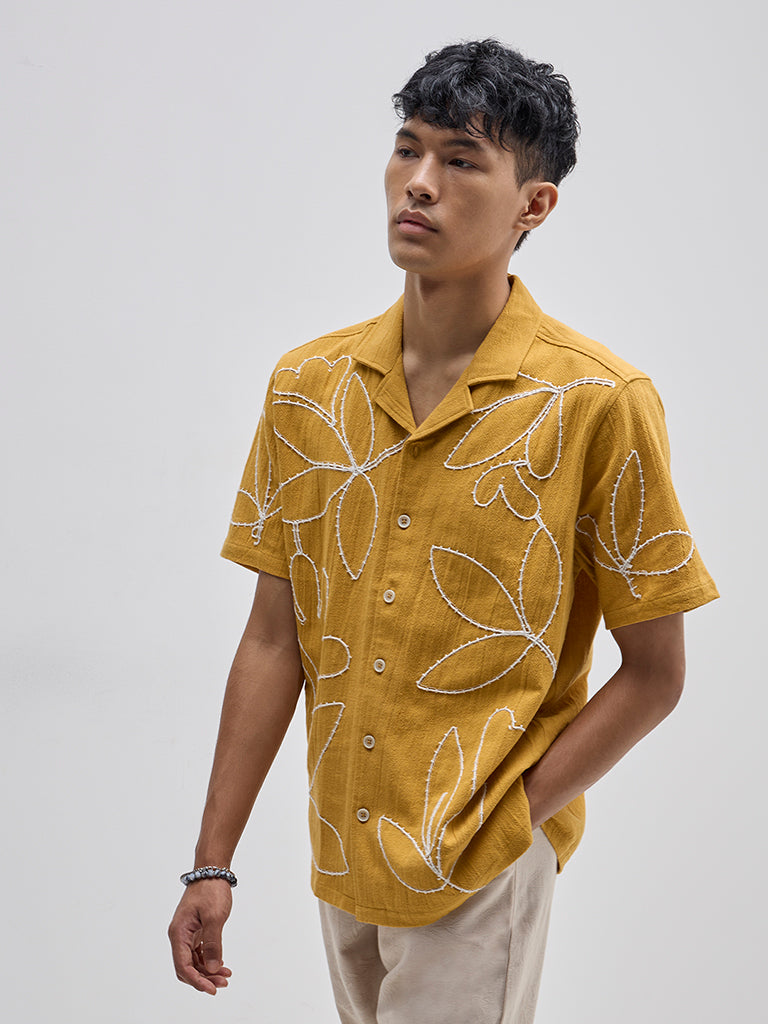 ETA Yellow Floral Embroidered Relaxed-Fit Cotton Shirt