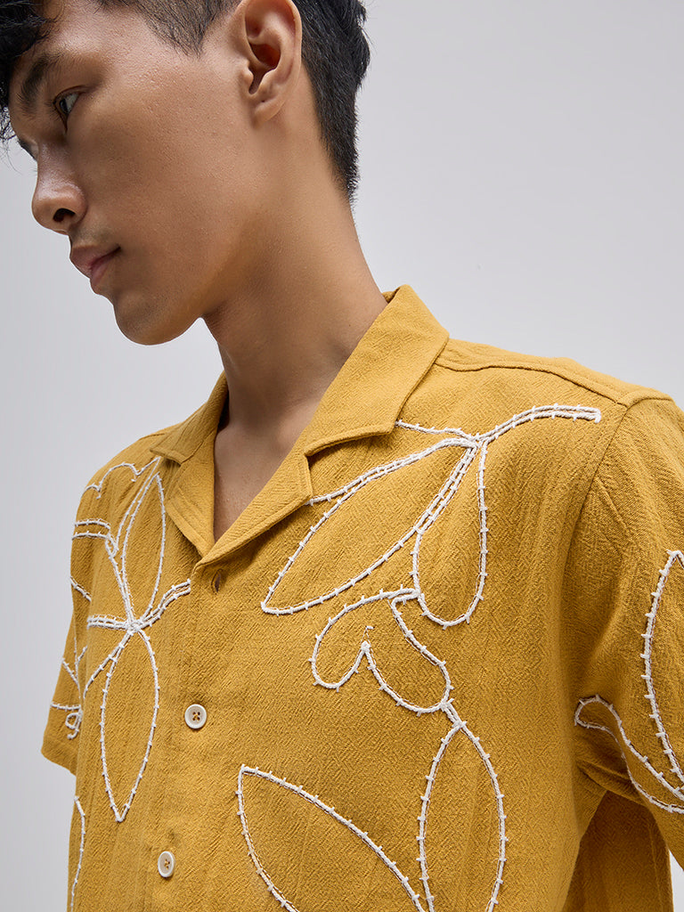 ETA Yellow Floral Embroidered Relaxed-Fit Cotton Shirt