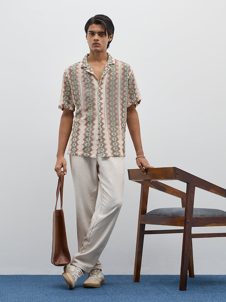 ETA Olive Crochet Designed Relaxed-Fit Cotton Shirt