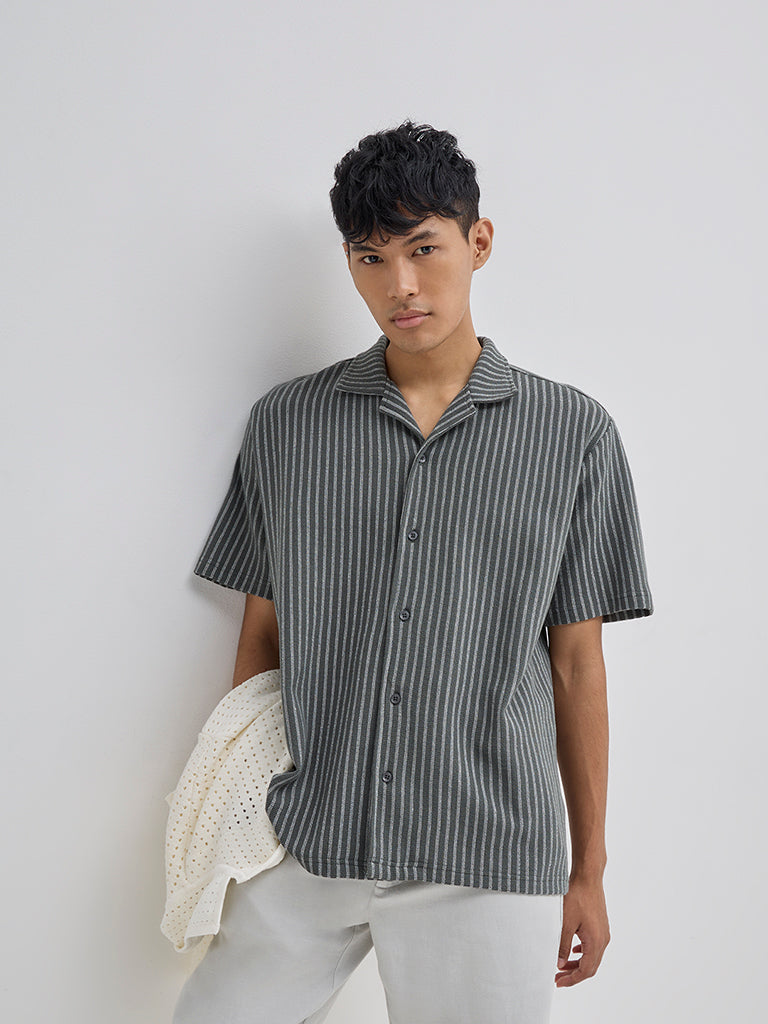 ETA Olive Stripe Pattern Relaxed-Fit Cotton Blend Shirt