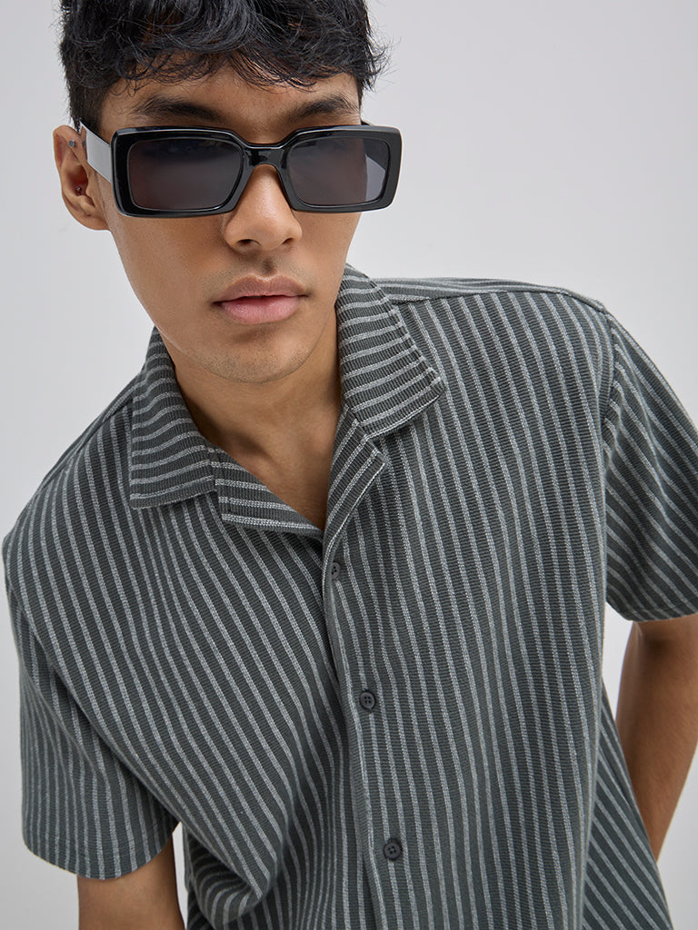 ETA Olive Stripe Pattern Relaxed-Fit Cotton Blend Shirt