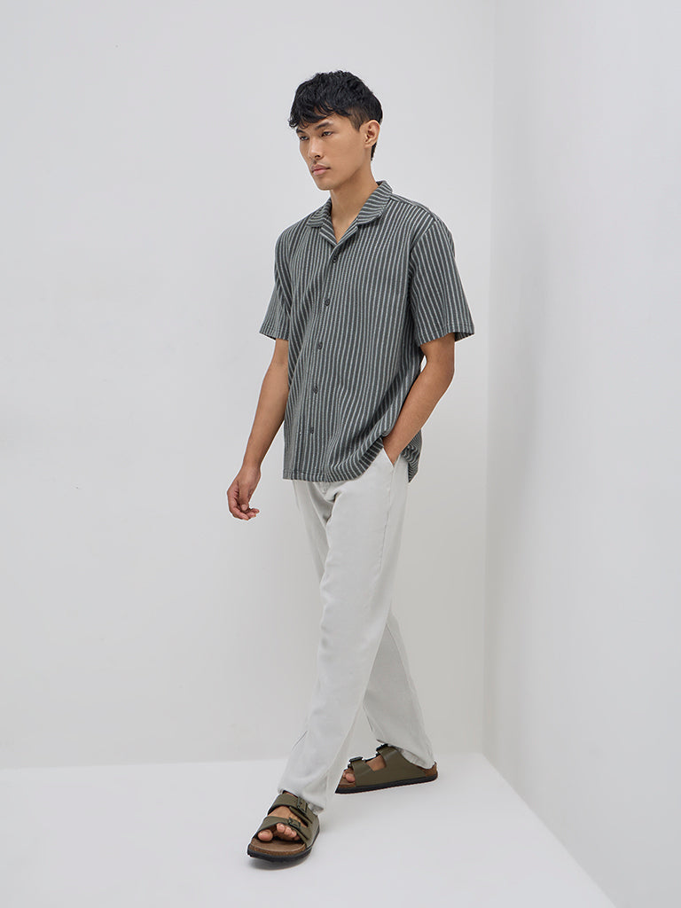 ETA Olive Stripe Pattern Relaxed-Fit Cotton Blend Shirt