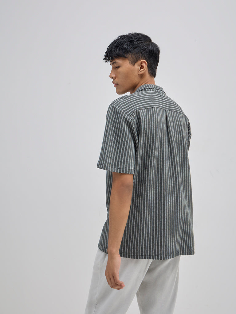 ETA Olive Stripe Pattern Relaxed-Fit Cotton Blend Shirt