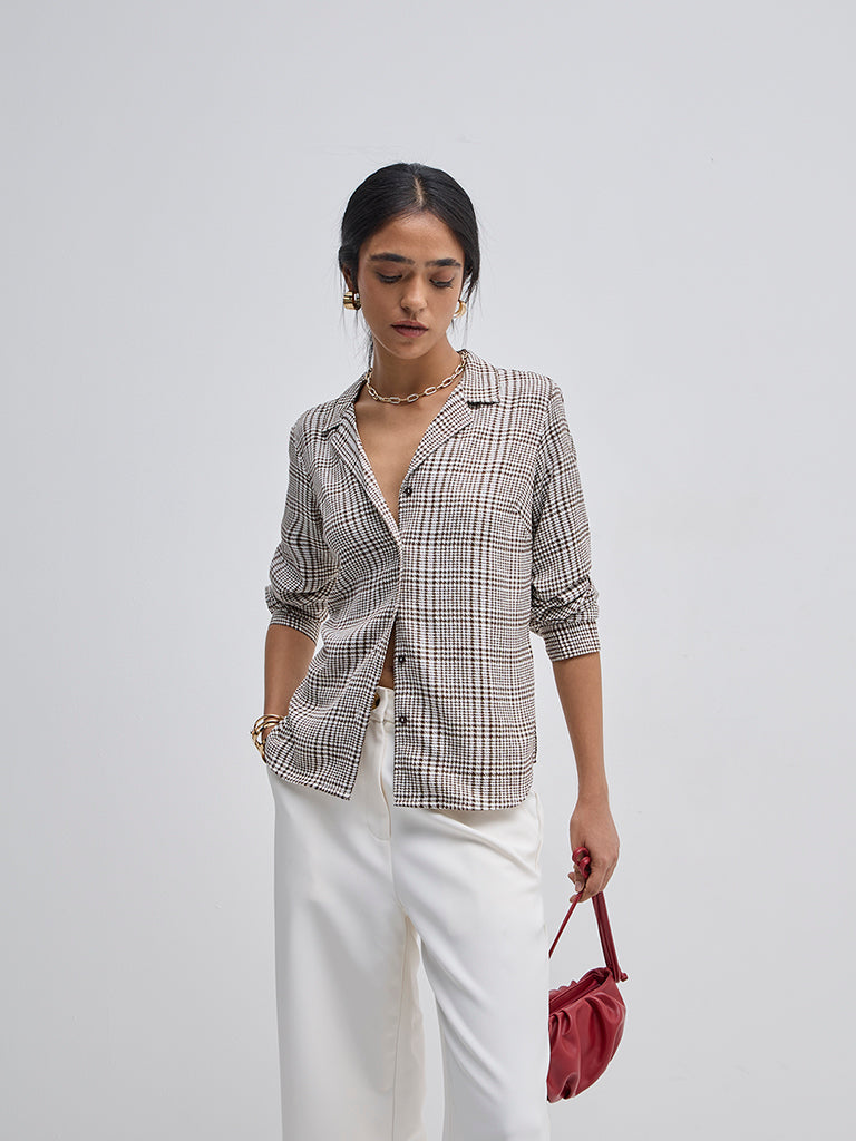 Wardrobe Brown Houndstooth Checkered Shirt