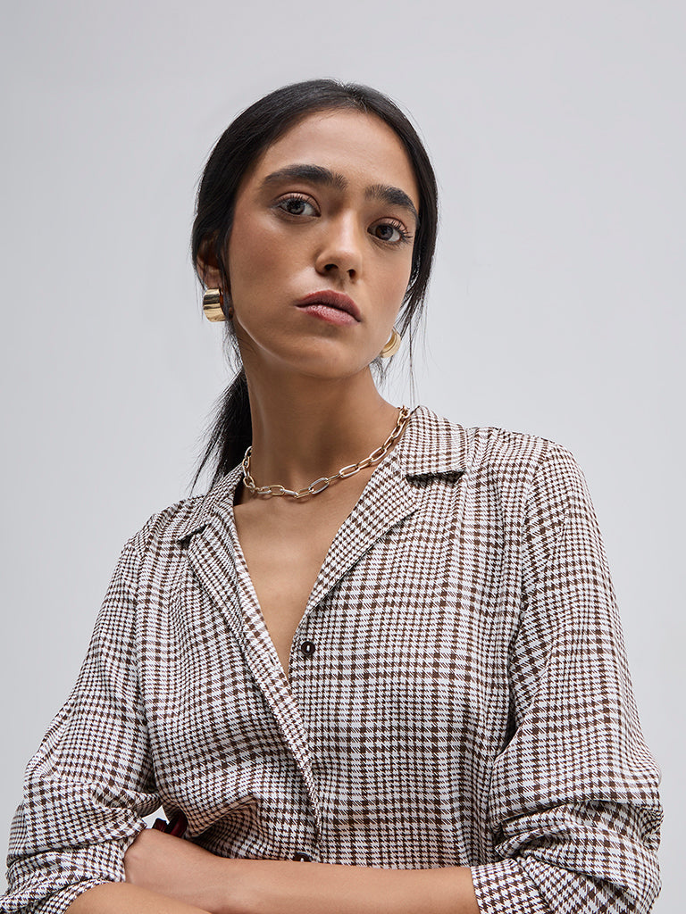 Wardrobe Brown Houndstooth Checkered Shirt