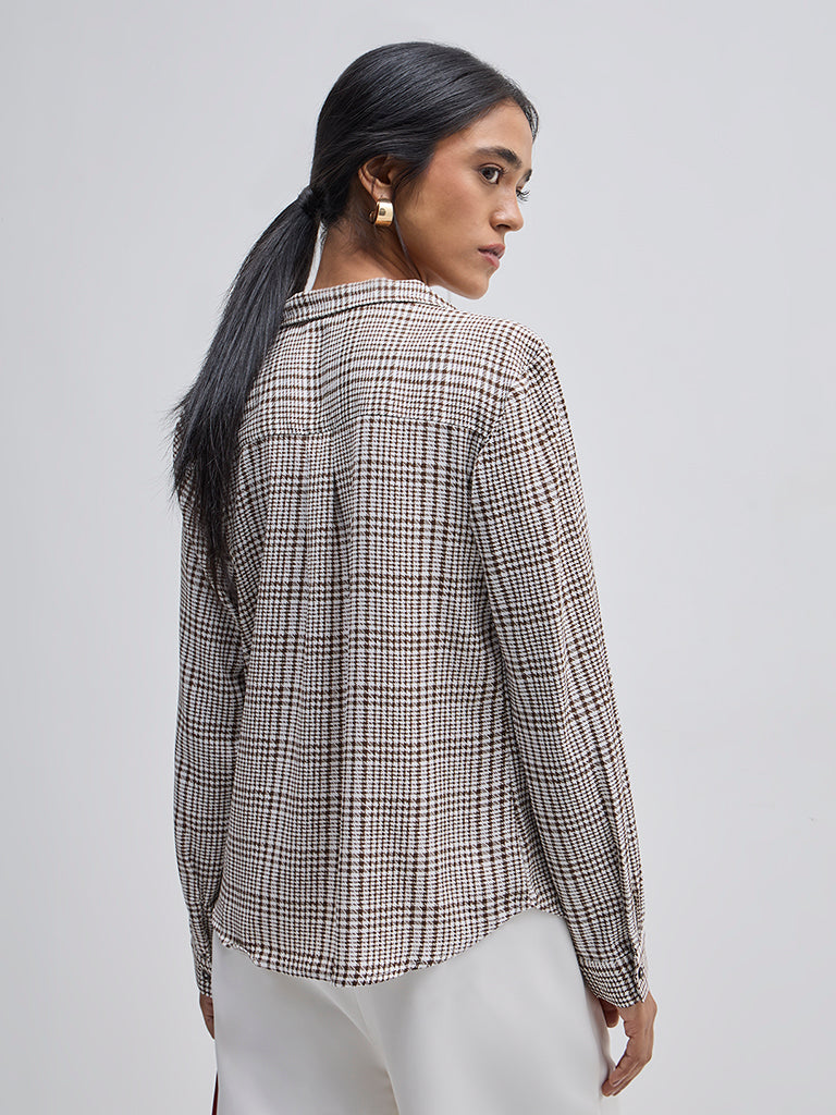 Wardrobe Brown Houndstooth Checkered Shirt