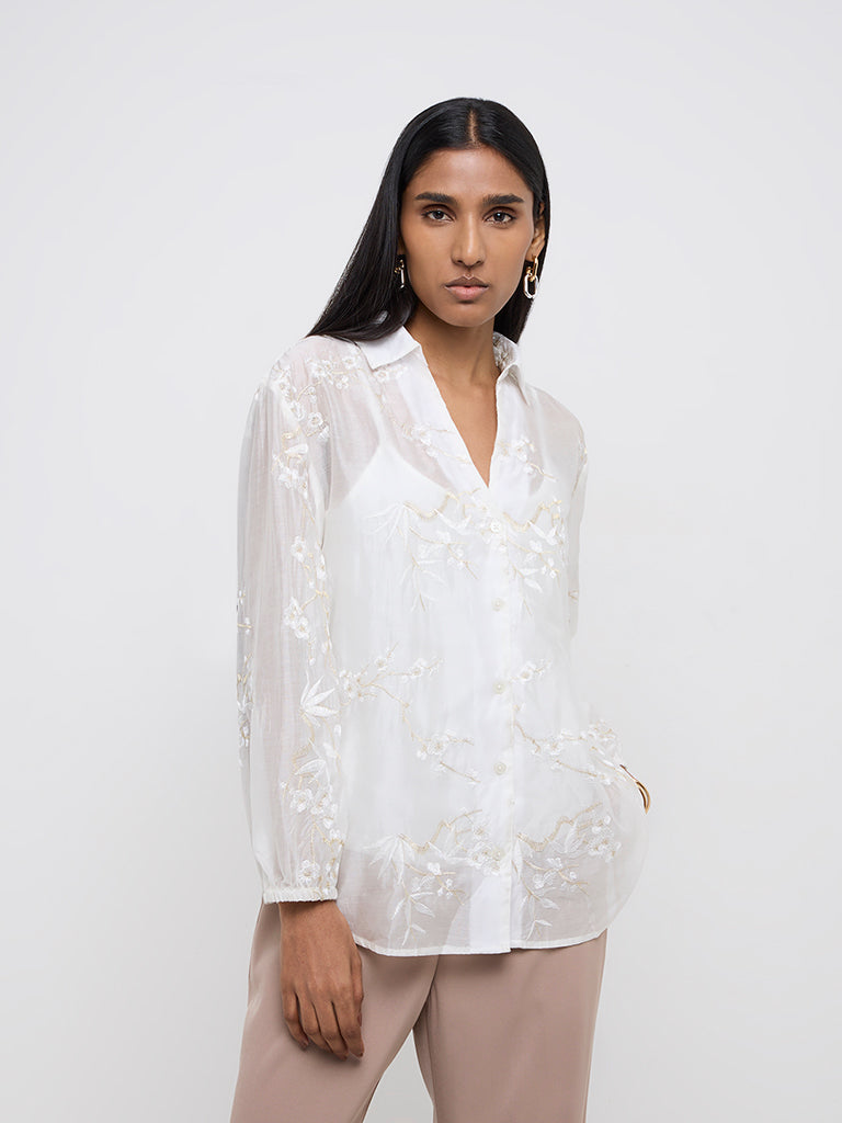 Wardrobe Ivory Floral Embroidered Shirt with Camisole