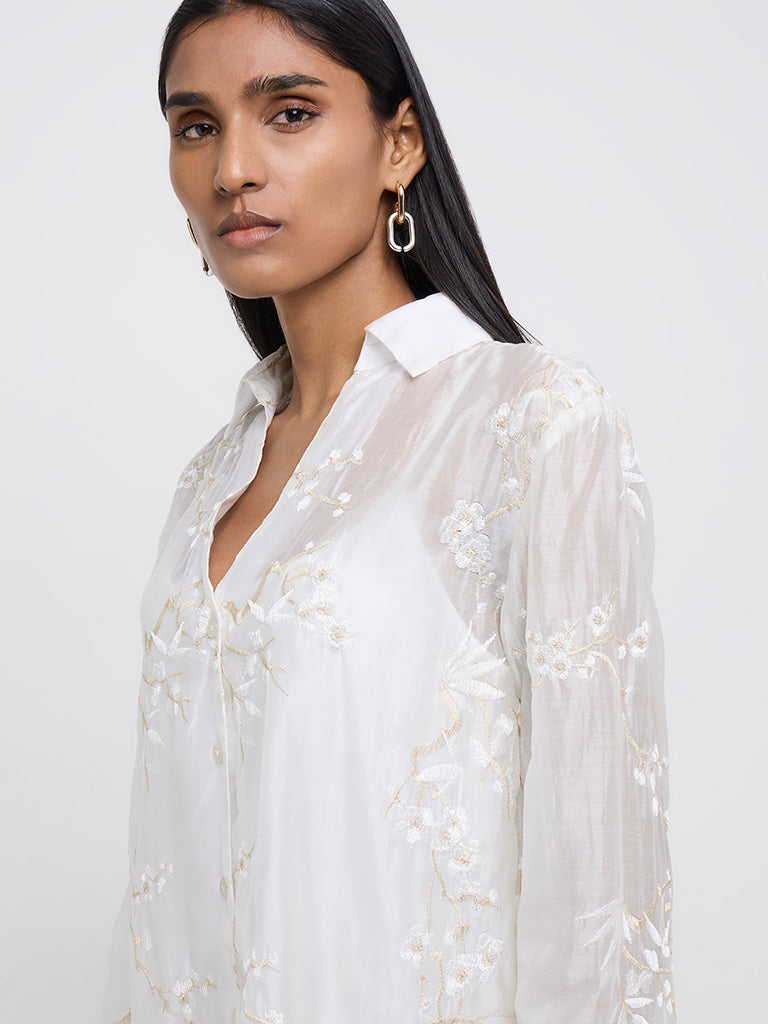 Wardrobe Ivory Floral Embroidered Shirt with Camisole