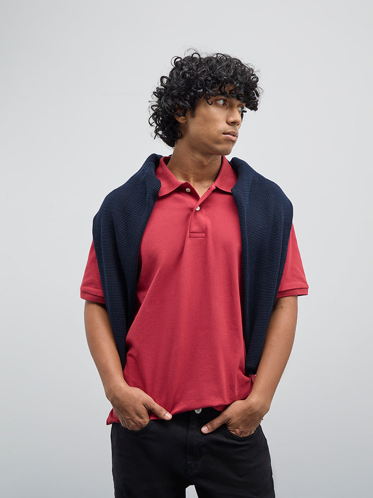 WES Casuals Red Solid Relaxed-Fit Cotton Blend Polo T-Shirt