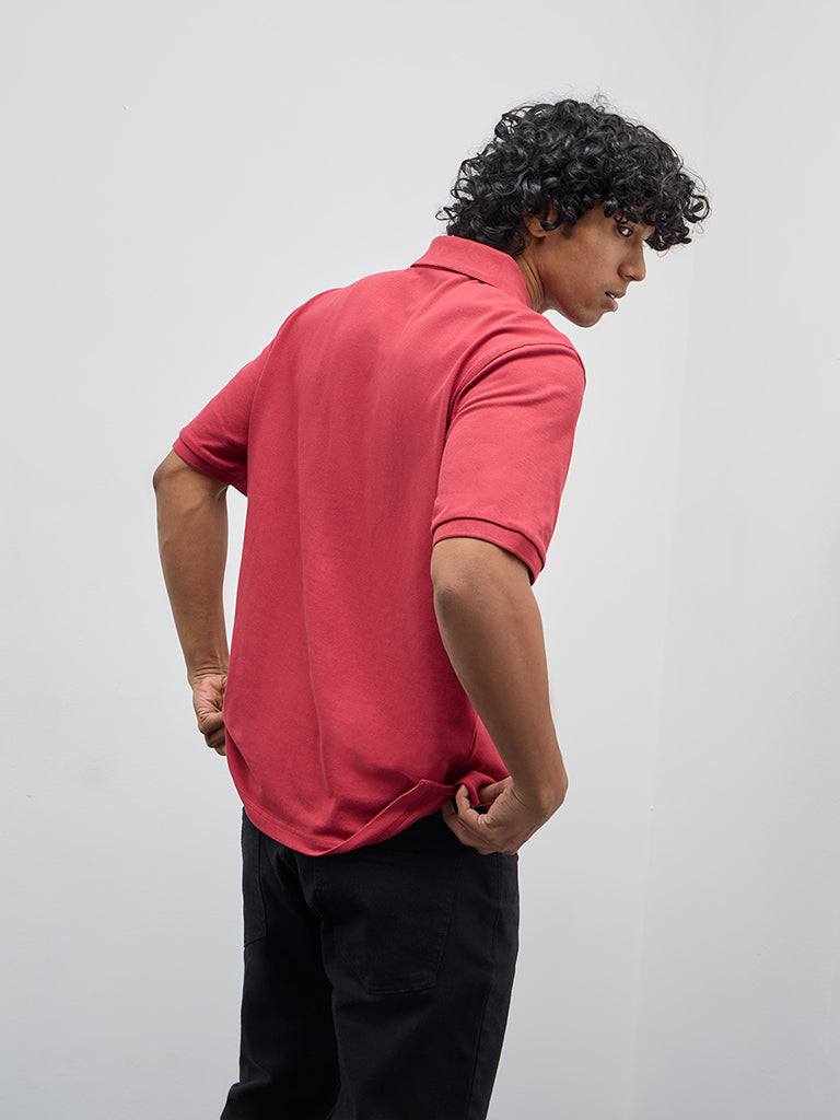 WES Casuals Red Solid Relaxed-Fit Cotton Blend Polo T-Shirt