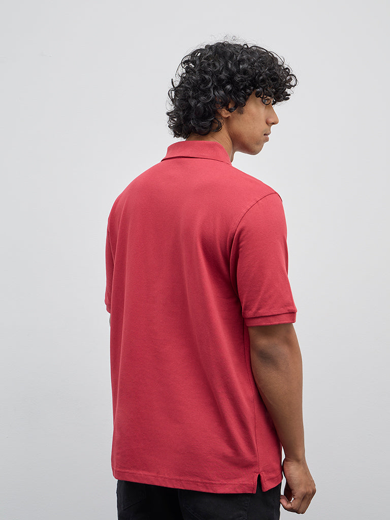 WES Casuals Red Solid Slim-Fit Cotton Blend Polo T-Shirt