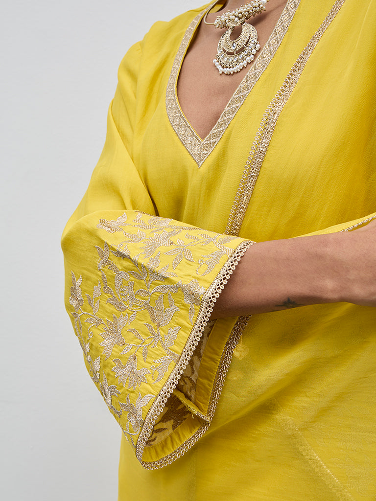 Vark Yellow Embroidered A-Line Kurta, Pants and Dupatta Set