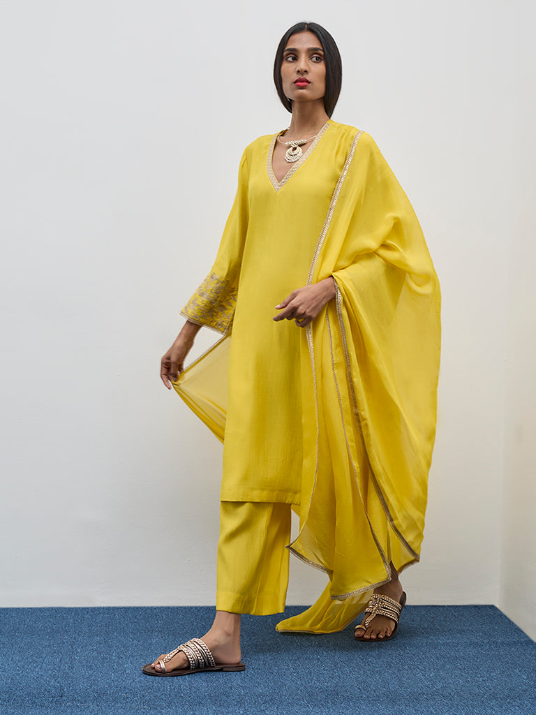 Vark Yellow Embroidered A-Line Kurta, Pants and Dupatta Set