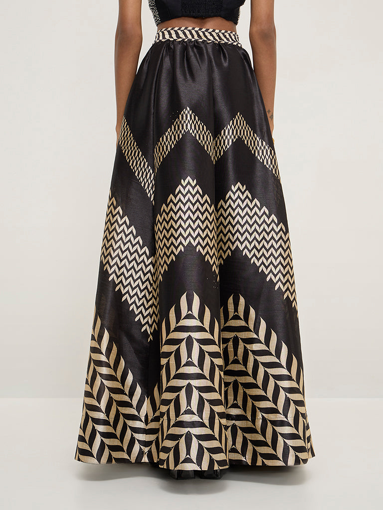 Vark Black Chevron Printed A-Line High-Rise Skirt