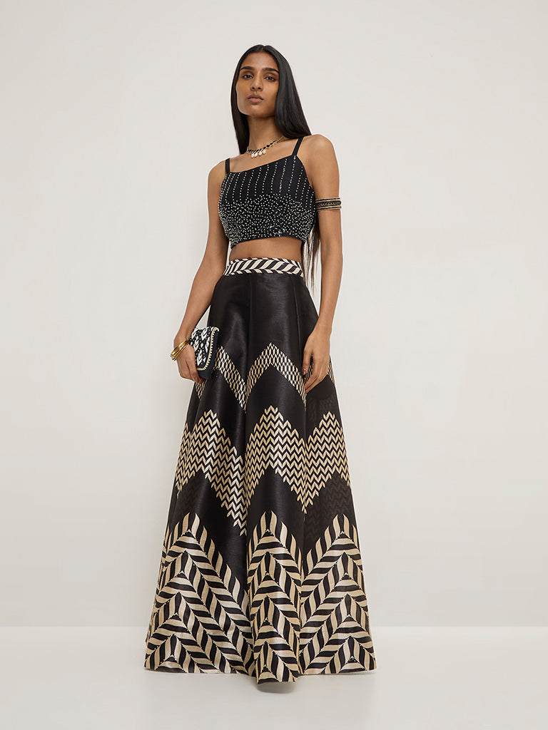 Vark Black Chevron Printed A-Line High-Rise Skirt