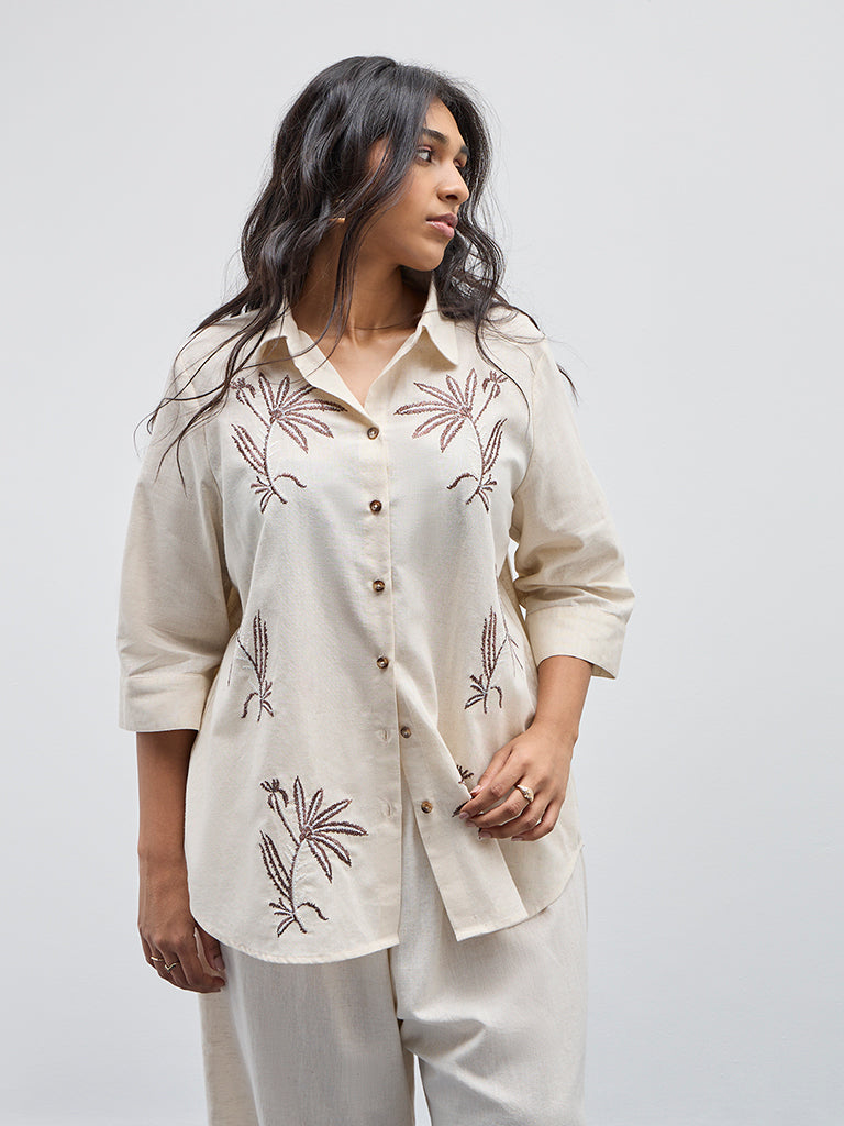 Gia Beige Foliage Embroidered Cotton Blend Shirt