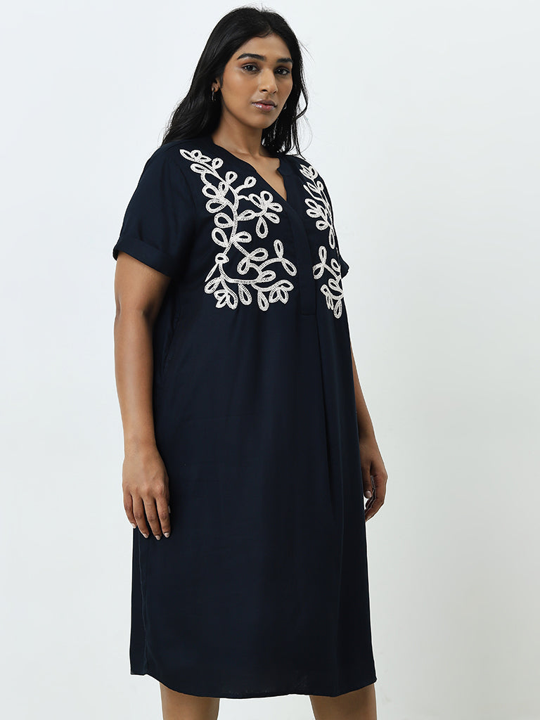 Gia Navy Leaf Embroidered Straight Dress