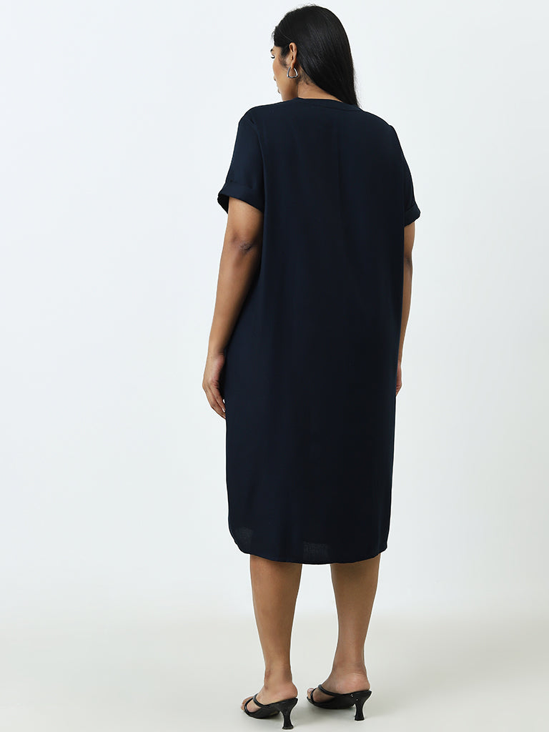 Gia Navy Leaf Embroidered Straight Dress