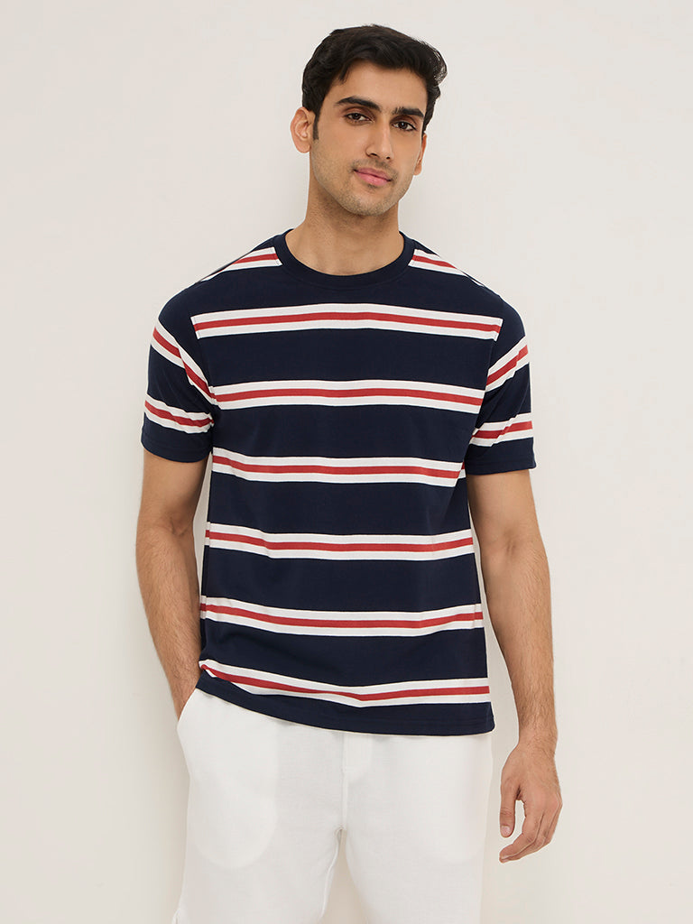 WES Lounge Navy Striped Relaxed-Fit Cotton-Blend T-Shirt