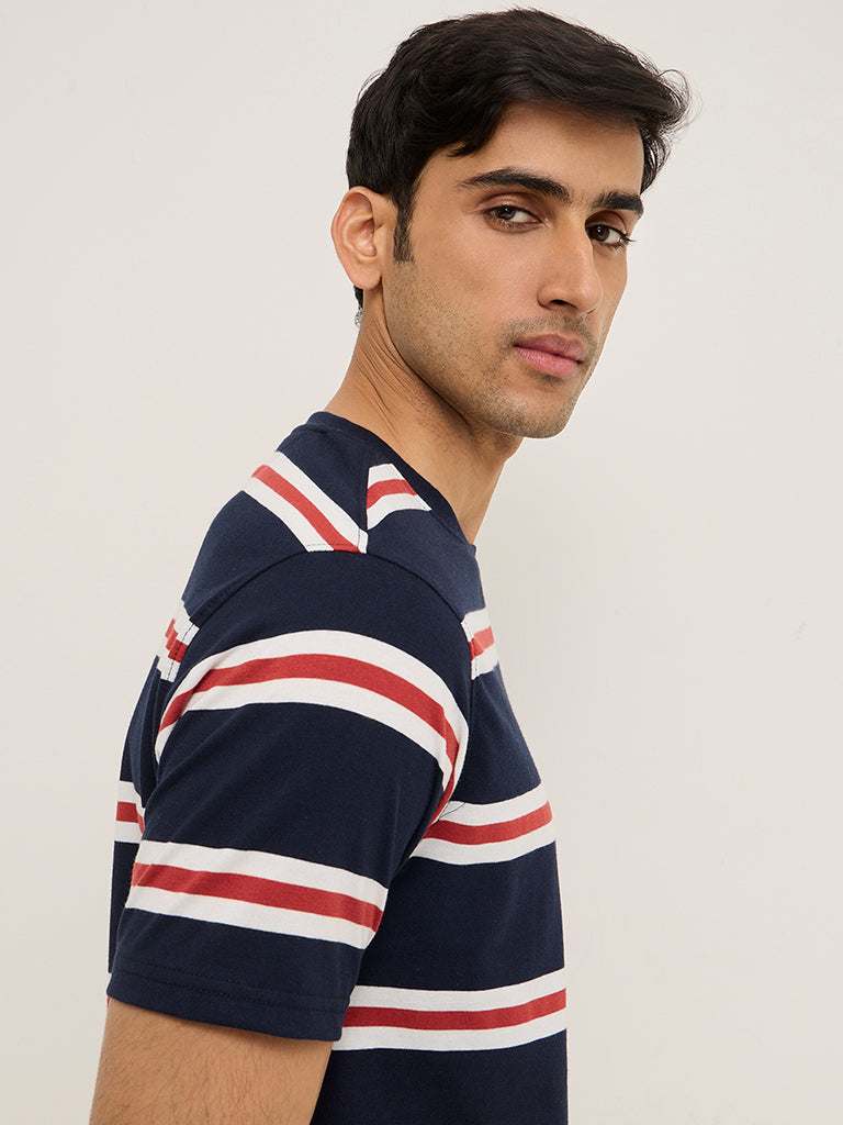 WES Lounge Navy Striped Relaxed-Fit Cotton-Blend T-Shirt