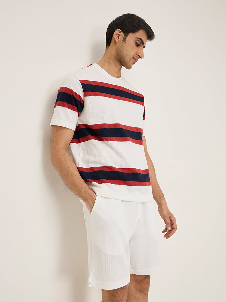 WES Lounge White Striped Relaxed-Fit Cotton-Blend T-Shirt