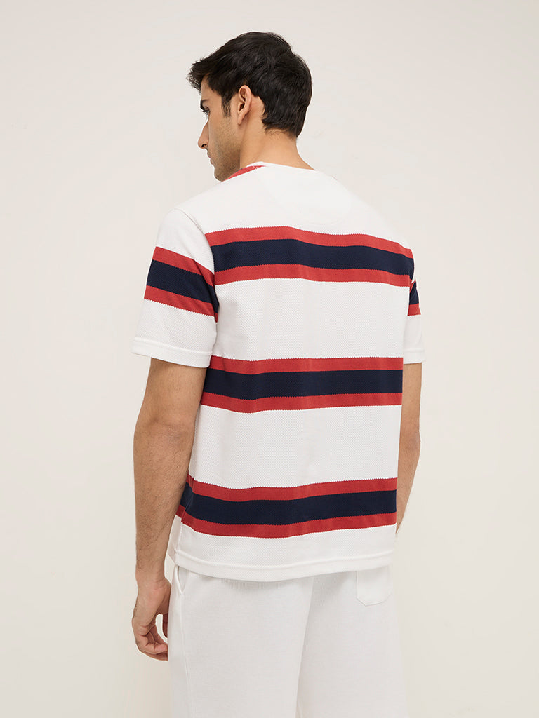 WES Lounge White Striped Relaxed-Fit Cotton-Blend T-Shirt