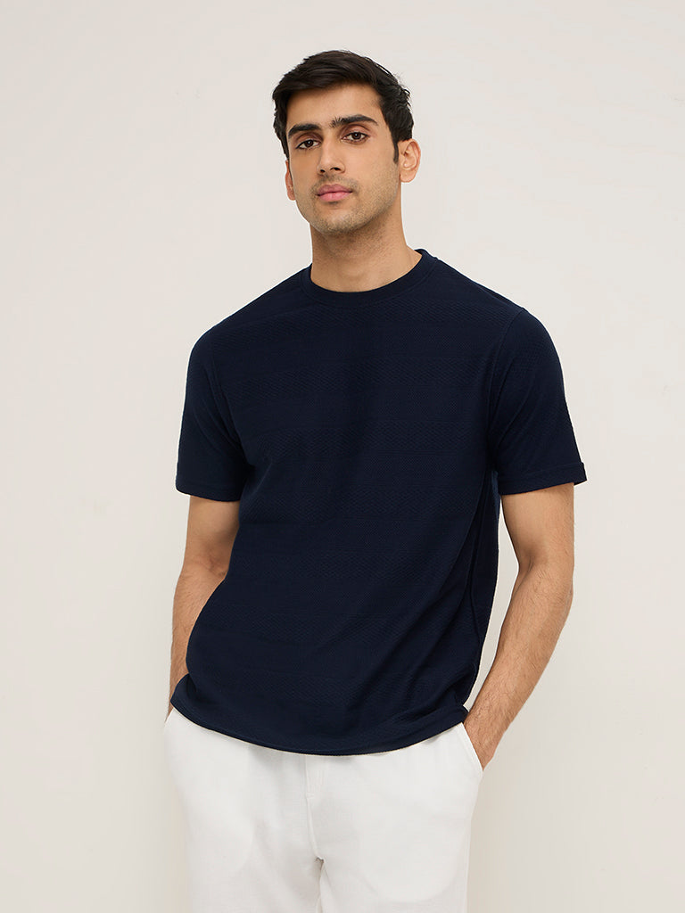 WES Lounge Navy Self-Patterned Relaxed-Fit T-Shirt