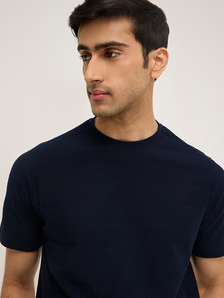 WES Lounge Navy Self-Patterned Relaxed-Fit T-Shirt