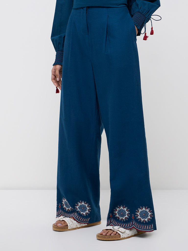 Bombay Paisley Blue Floral High-Rise Cotton Blend Pants