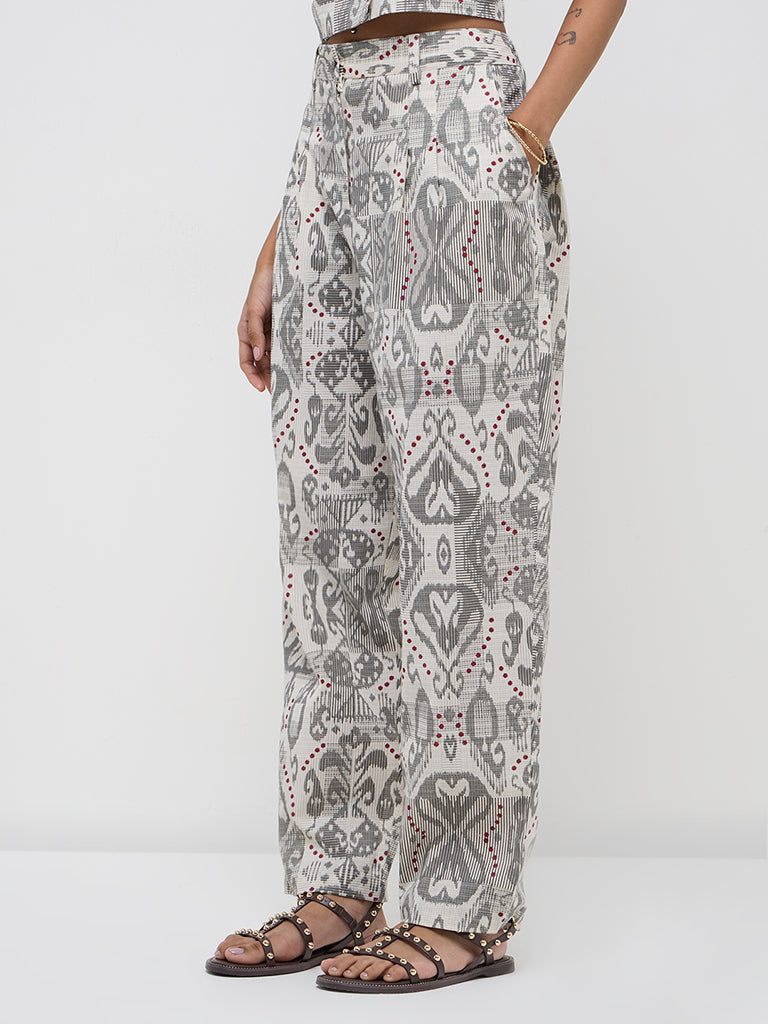 Bombay Paisley Grey Paisley Printed High-Rise Cotton Pants