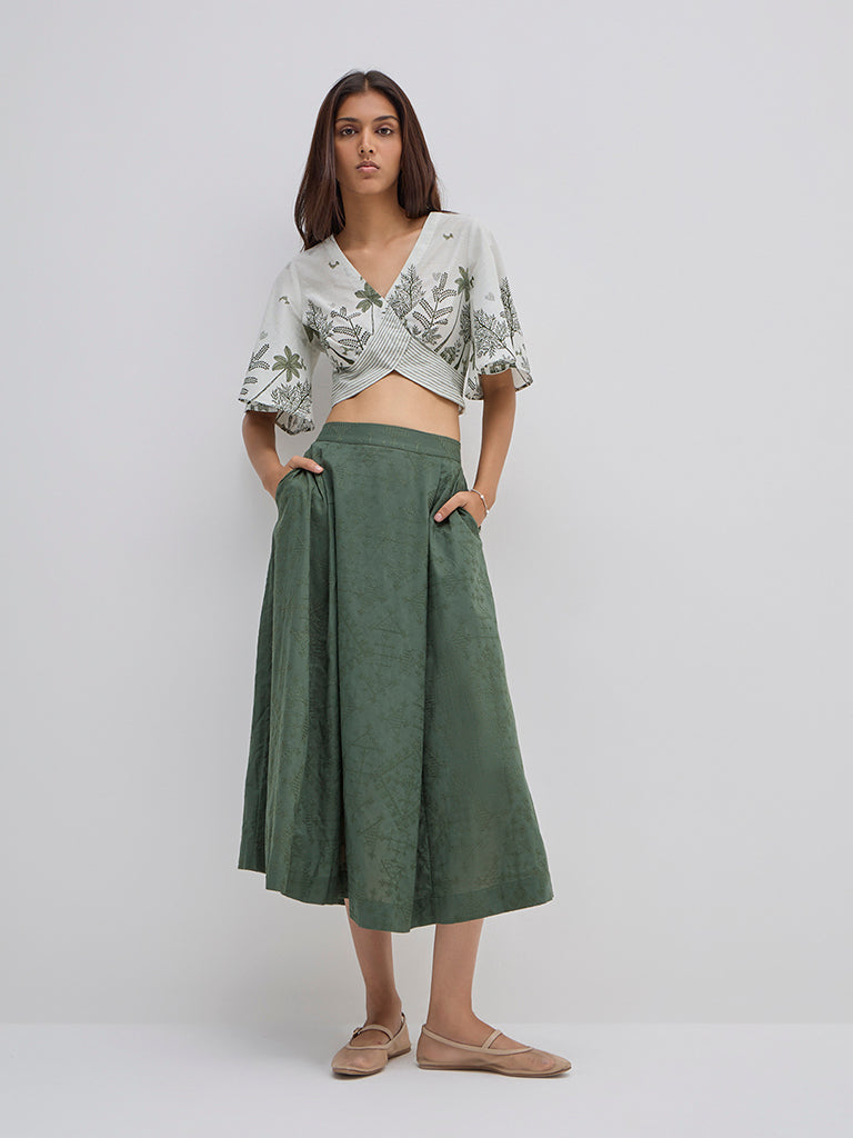 Bombay Paisley Olive Embroidered High-Rise Cotton Skirt