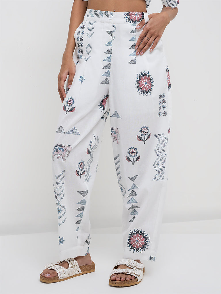 Bombay Paisley White Patiala-Style High-Rise Cotton-Blend Pants