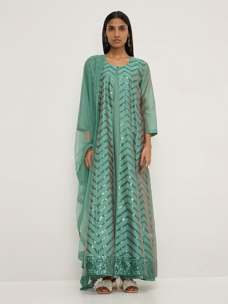 Vark Green Embellished Cotton-Blend Kurta, Inner, Pants and Dupatta Set