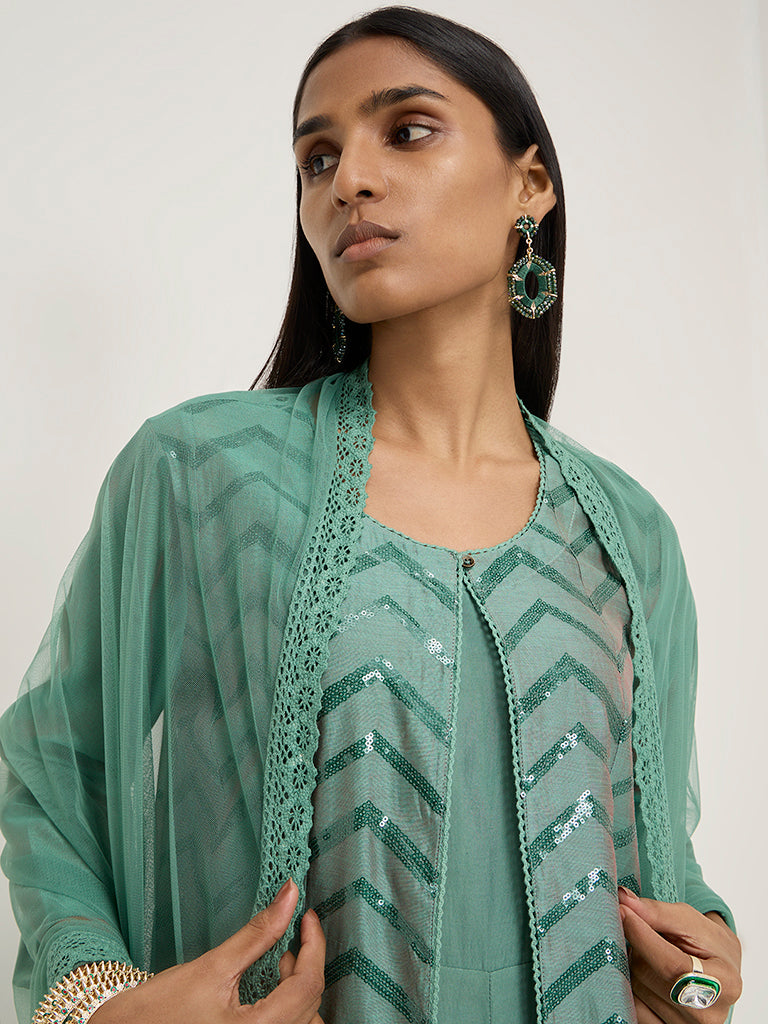 Vark Green Embellished Cotton-Blend Kurta, Inner, Pants and Dupatta Set