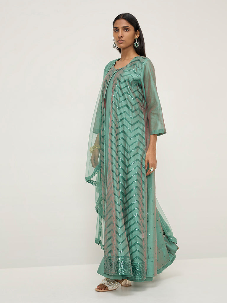 Vark Green Embellished Cotton-Blend Kurta, Inner, Pants and Dupatta Set