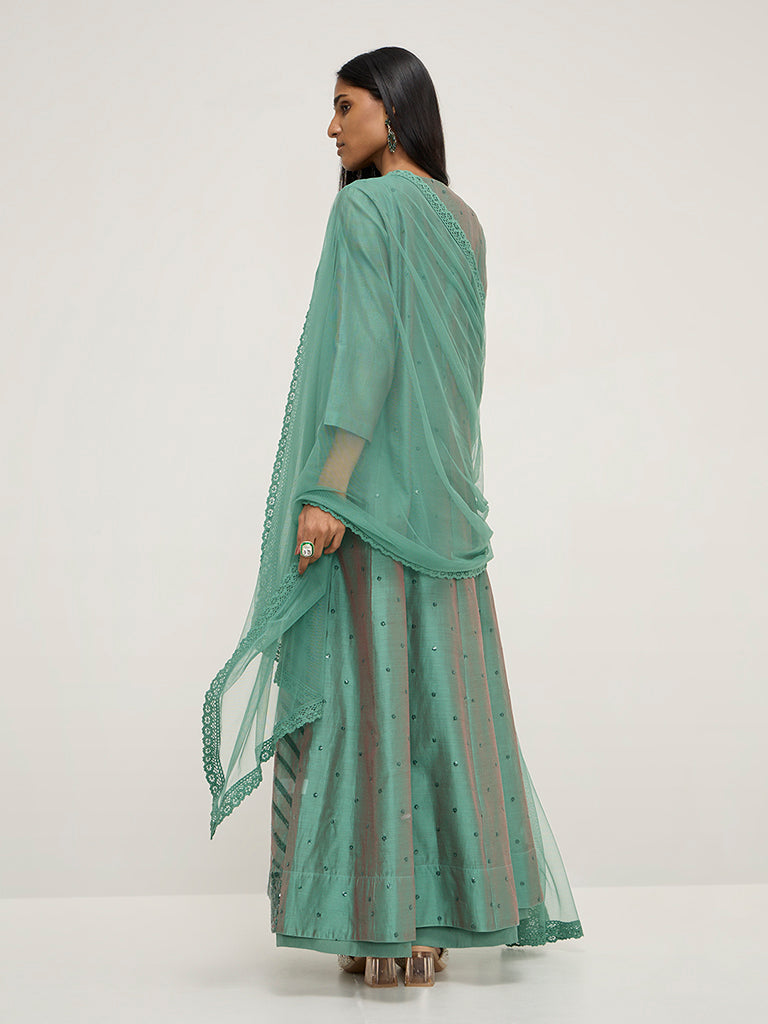 Vark Green Embellished Cotton-Blend Kurta, Inner, Pants and Dupatta Set