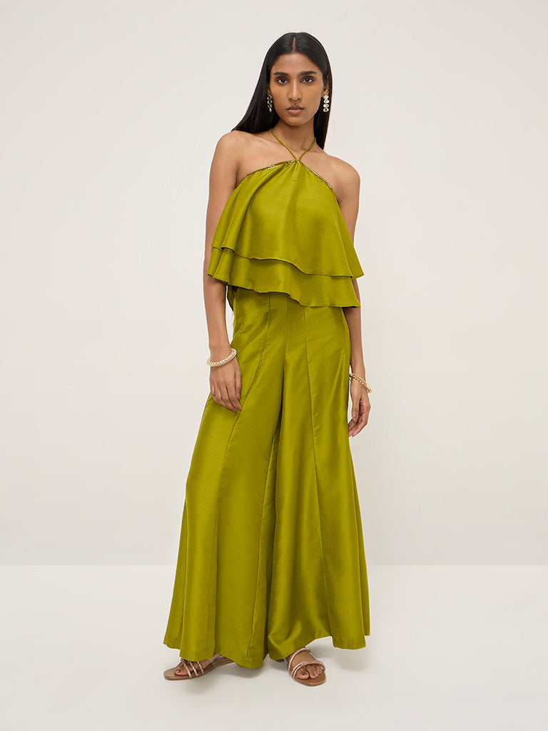 Vark Lime Green Embellished Halter-Neck Top