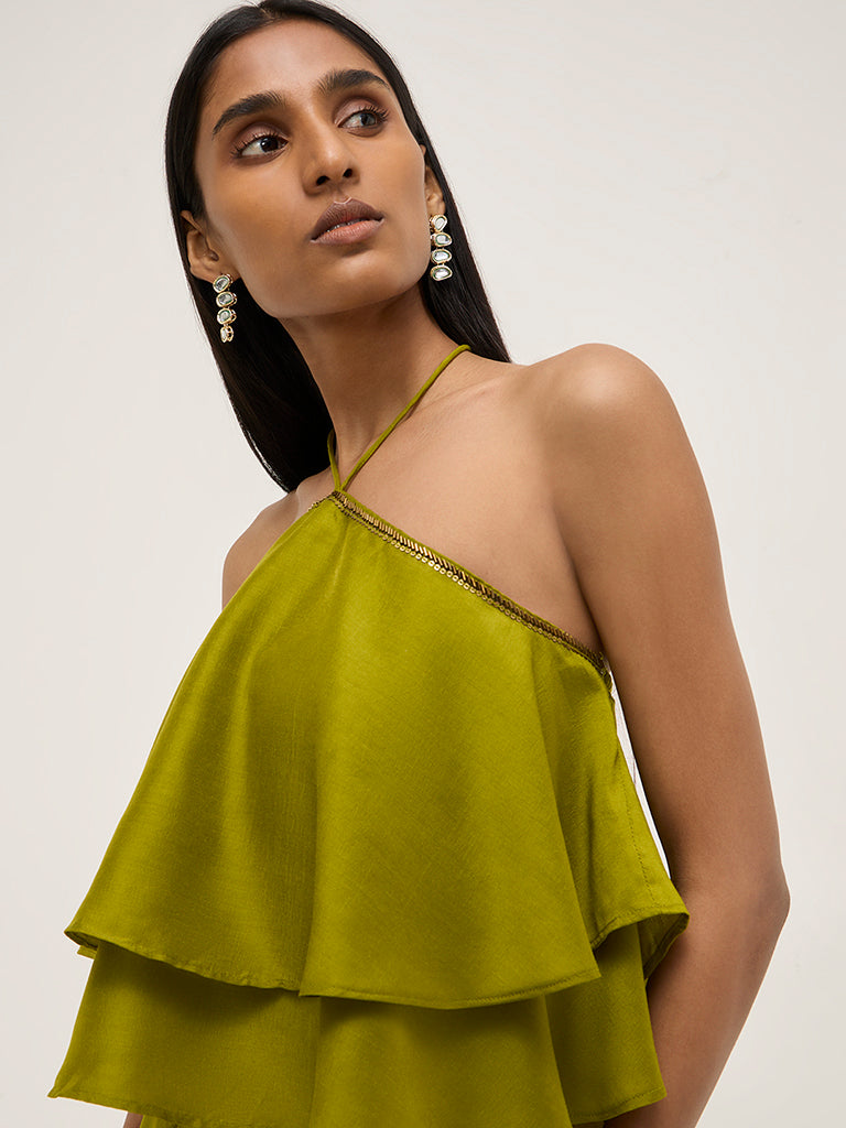 Vark Lime Green Embellished Halter-Neck Top