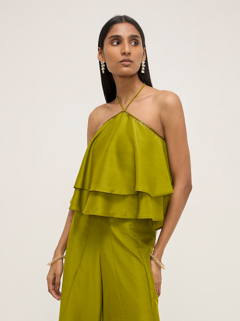 Vark Lime Green Embellished Halter-Neck Top