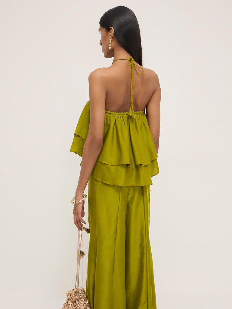 Vark Lime Green Embellished Halter-Neck Top