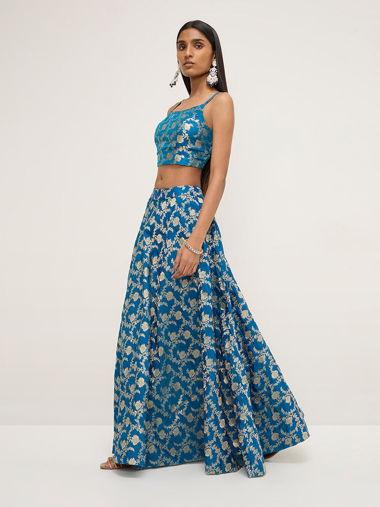 Vark Blue Brocade High-Rise Skirt