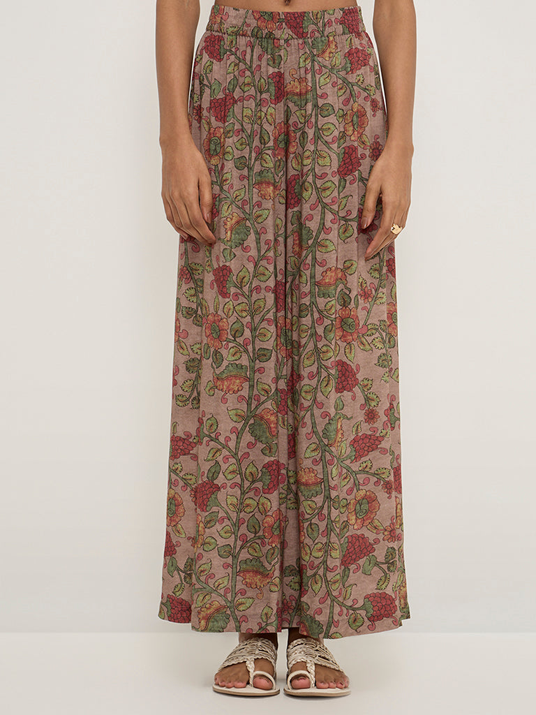 Zuba Dark Brown Floral Printed Ethnic Pants