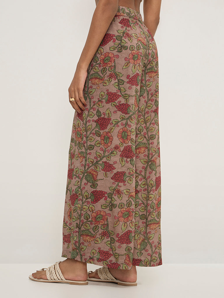 Zuba Dark Brown Floral Printed Ethnic Pants