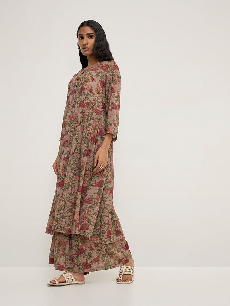 Zuba Dark Brown Floral Printed Ethnic Pants