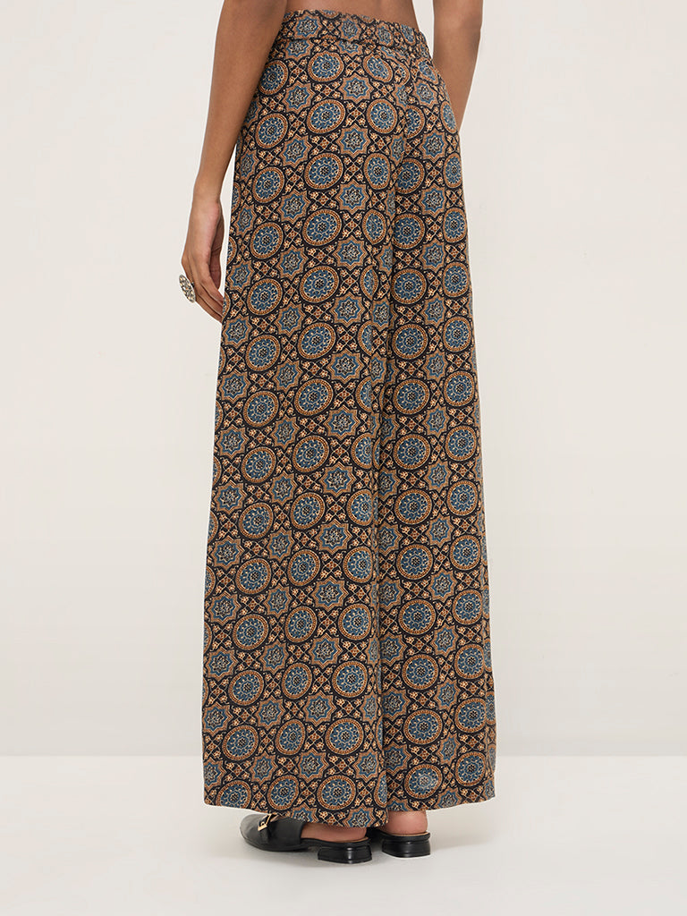 Zuba Blue Printed High-Rise Ethnic Pants