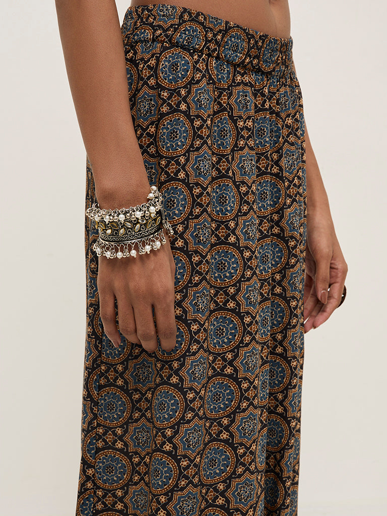 Zuba Blue Printed High-Rise Ethnic Pants