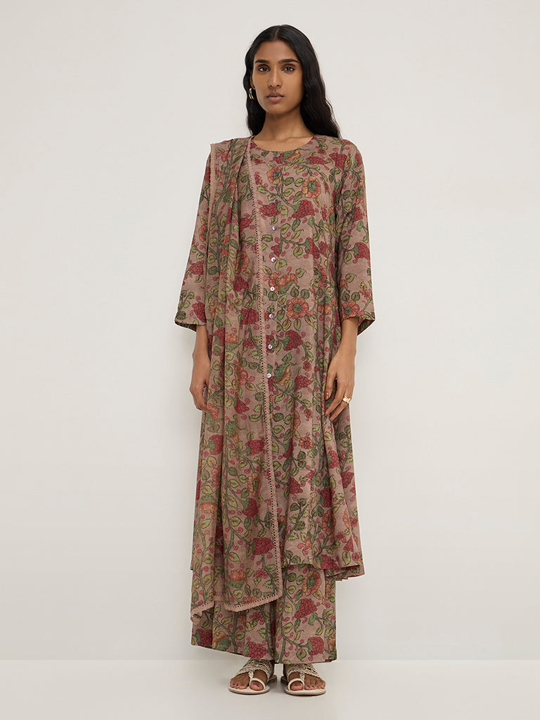 Zuba Dark Brown Floral Printed A-Line Kurta