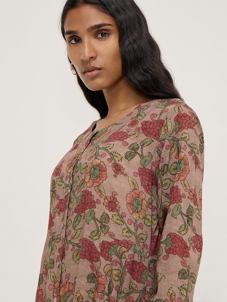 Zuba Dark Brown Floral Printed A-Line Kurta